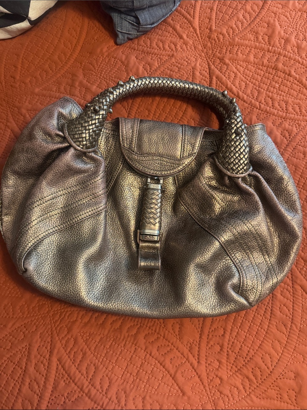 Fendi Spy Metallic Bronze Authentic Women's Woven-Handle Shoulder Bag